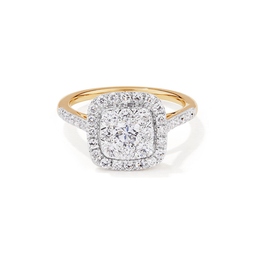Cushion Shape Cluster Halo Ring with 1.00tw of Laboratory-Grown Diamonds in 9kt Yellow Gold Rings Bevilles 
