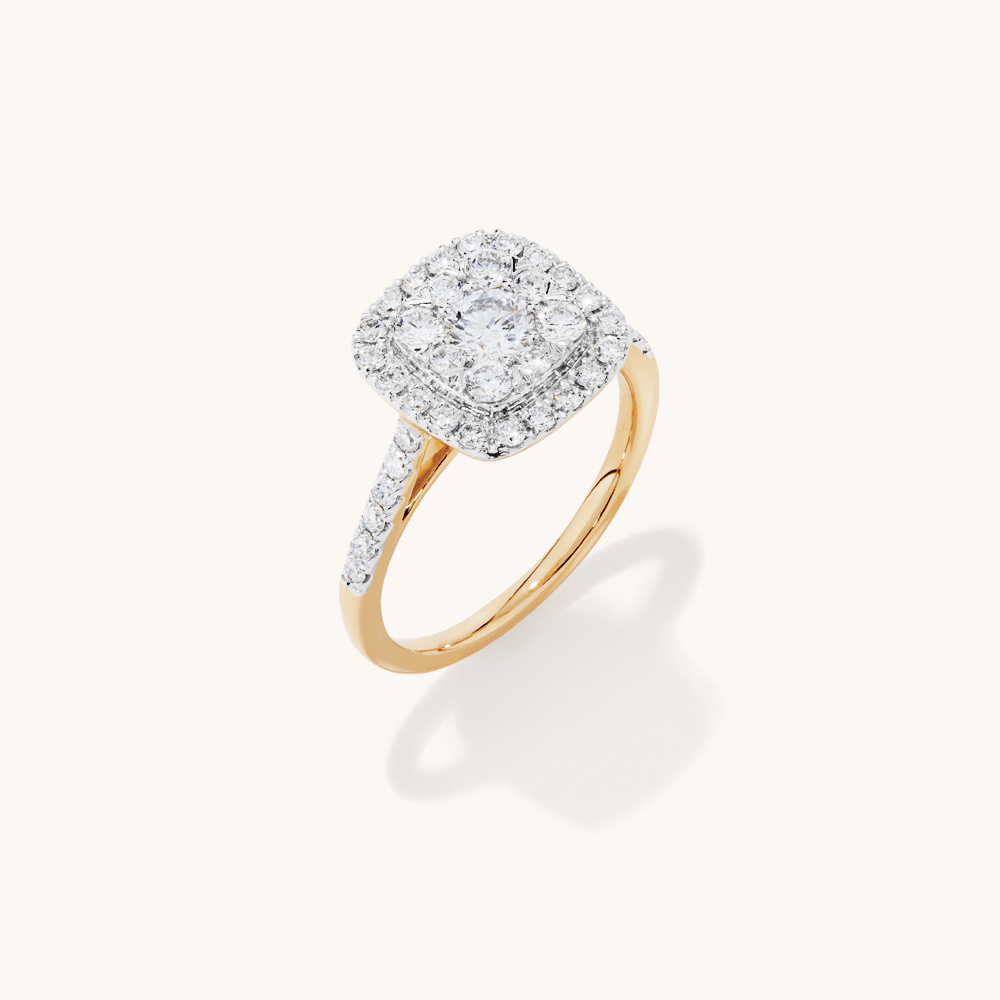 Cushion Shape Cluster Halo Ring with 1.00tw of Laboratory-Grown Diamonds in 9kt Yellow Gold Rings Bevilles 
