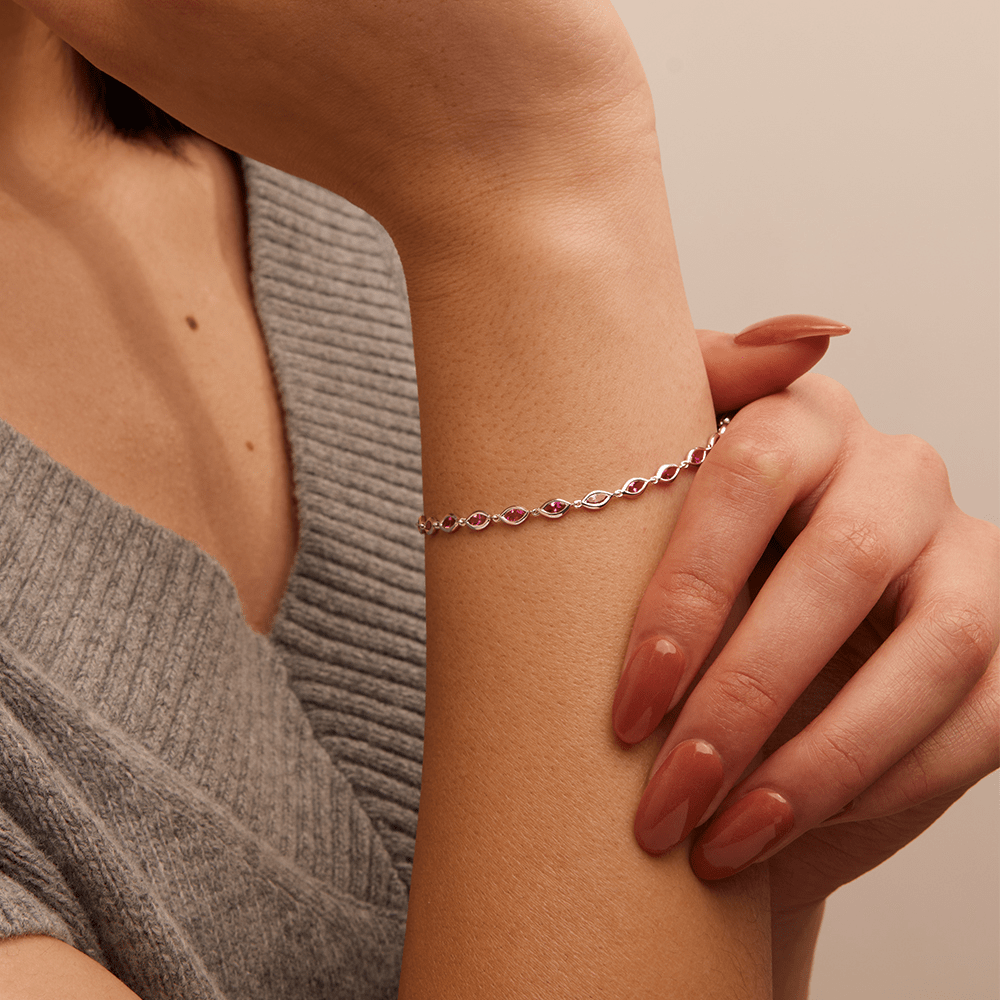18cm Marquise Bezel Set Tennis Bracelet with Created Rubies in Sterling Silver and Platinum Bracelets Bevilles 