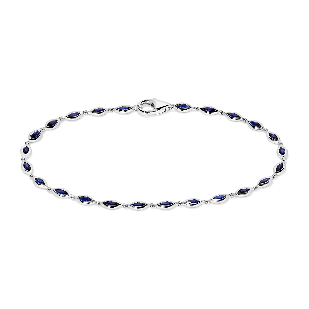 18cm Marquise Bezel Set Tennis Bracelet with Created Sapphire in Sterling Silver and Platinum Bracelets Bevilles 