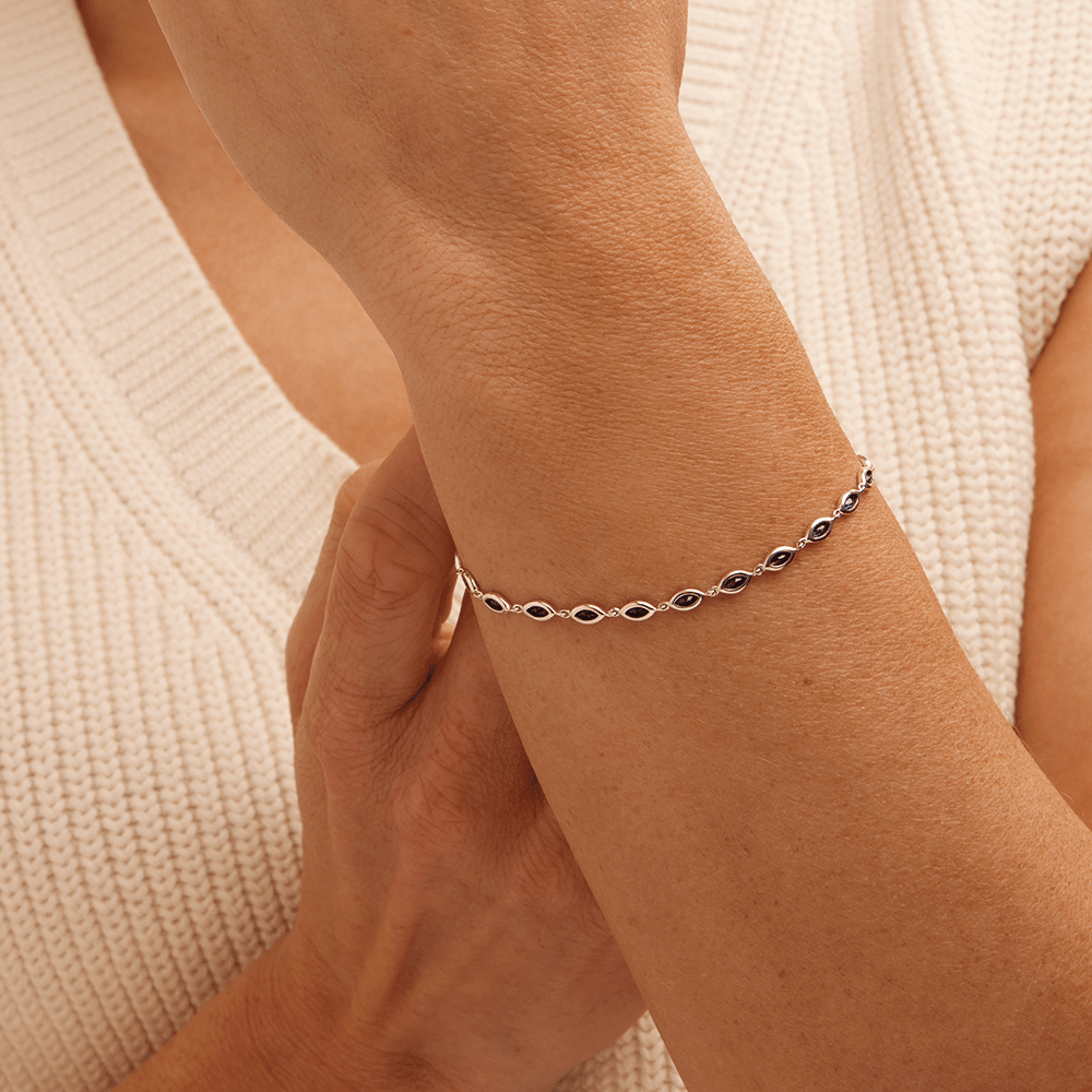 18cm Marquise Bezel Set Tennis Bracelet with Created Sapphire in Sterling Silver and Platinum Bracelets Bevilles 