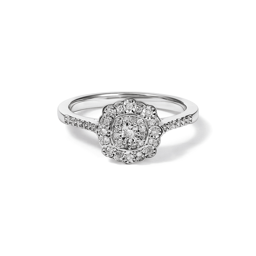 Round Shape Cluster Halo Ring with 0.15tw of Diamonds in Rhodium Plated Sterling Silver Rings Bevilles 