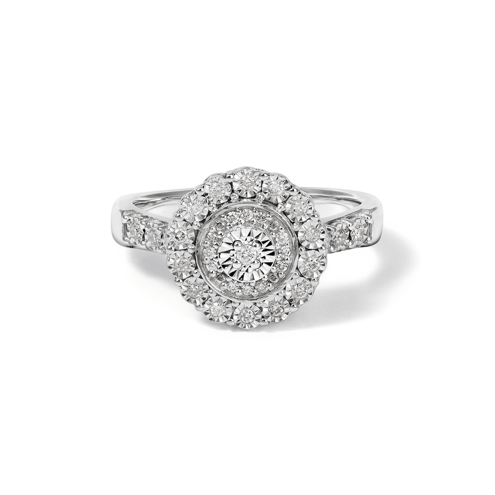 Round Shape Halo Ring with 0.15tw of Diamonds in Sterling Silver Rings Bevilles 