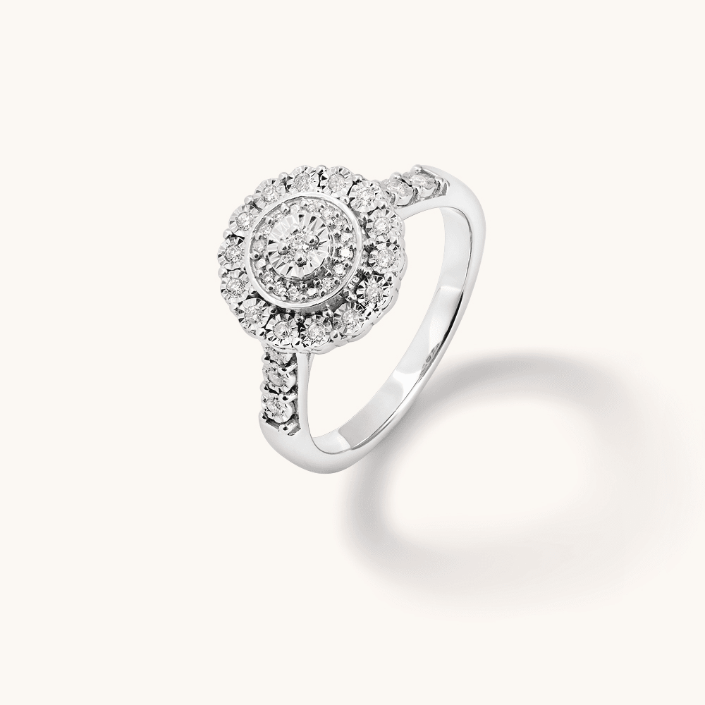 Round Shape Halo Ring with 0.15tw of Diamonds in Sterling Silver Rings Bevilles 