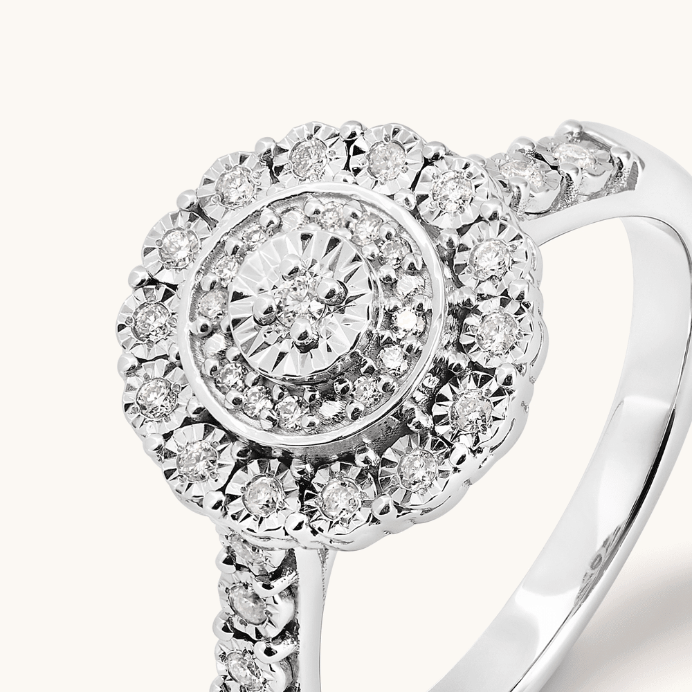 Round Shape Halo Ring with 0.15tw of Diamonds in Sterling Silver Rings Bevilles 