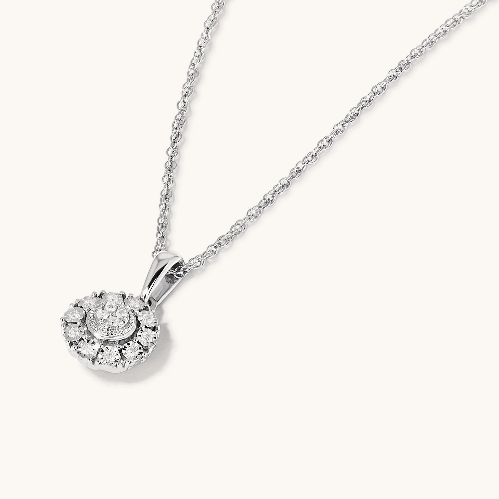 45cm Round Shape Halo Pendant with 0.05tw of Diamonds in Sterling Silver Pendants Bevilles 