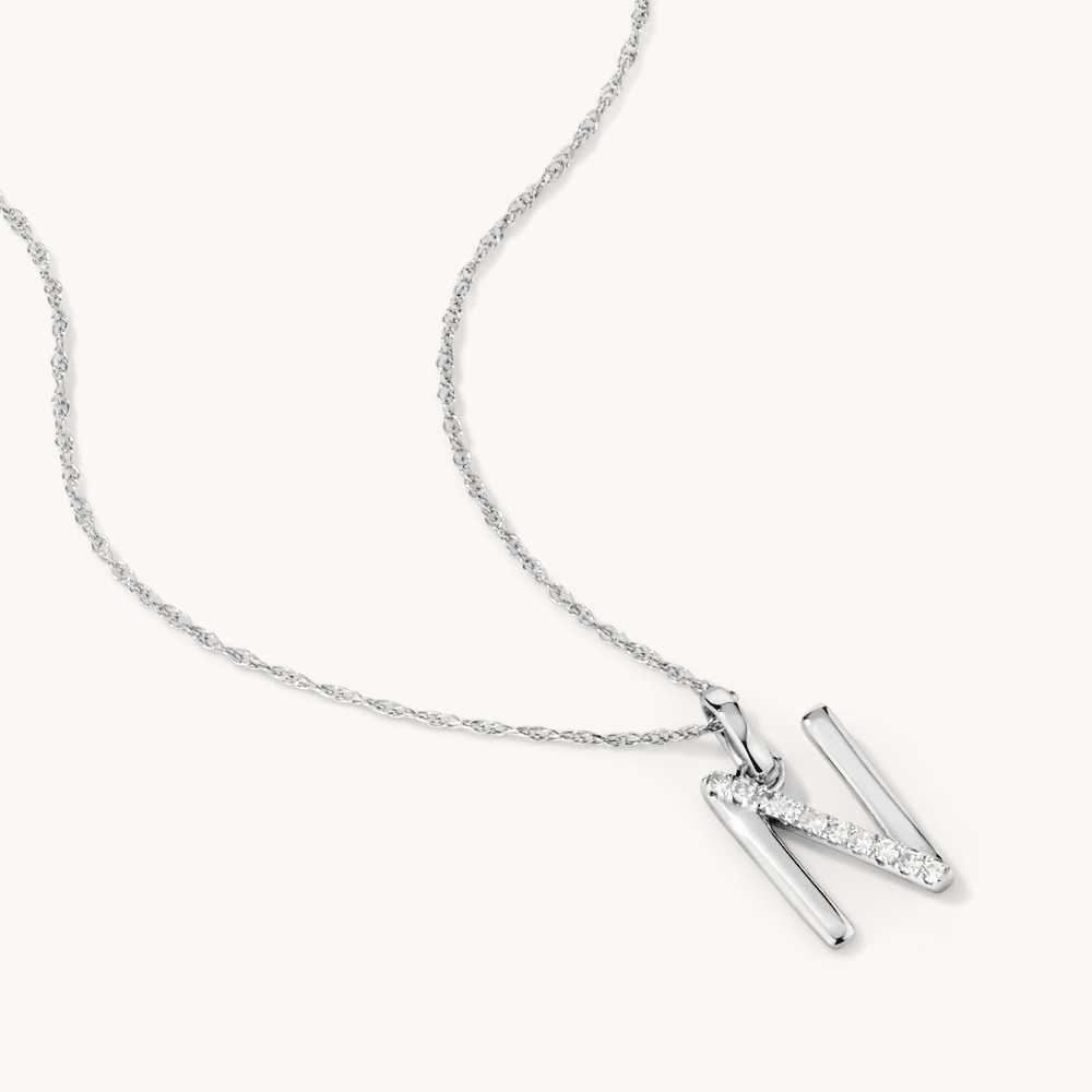45cm N Initial Pendant Necklace with 0.05tw of Laboratory-Grown Diamonds in Sterling Silver and Platinum Pendants Bevilles 