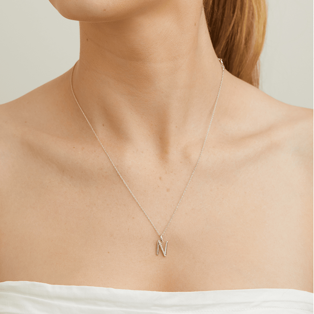 45cm N Initial Pendant Necklace with 0.05tw of Laboratory-Grown Diamonds in Sterling Silver and Platinum Pendants Bevilles 
