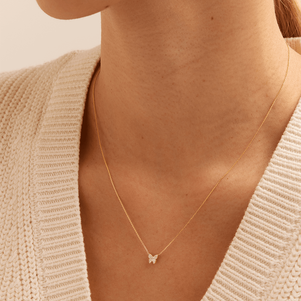 45cm Cluster Butterfly Pendant Necklace with 0.03tw of Laboratory-Grown Diamonds in 9kt Yellow Gold Pendants Bevilles 