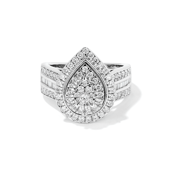 Pear Shaped Cluster Halo Ring with 1.00tw of Laboratory-Grown Diamonds in Sterling Silver and Platinum Rings Bevilles 