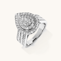 Pear Shaped Cluster Halo Ring with 1.00tw of Laboratory-Grown Diamonds in Sterling Silver and Platinum Rings Bevilles 