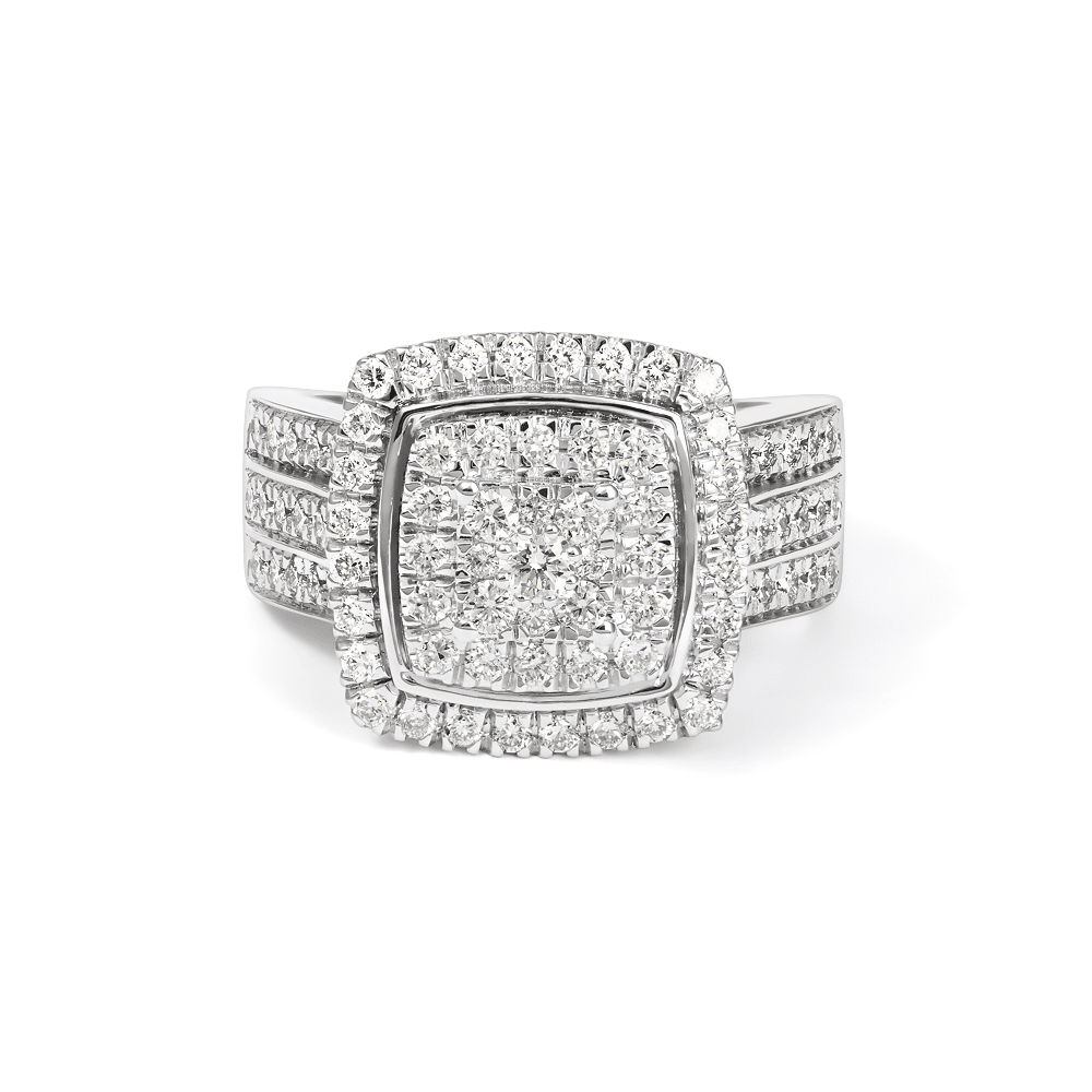 Cushion Shaped Cluster Halo Ring with 1.00tw of Laboratory-Grown Diamonds in Sterling Silver and Platinum Rings Bevilles 