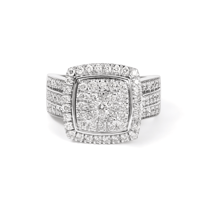 Cushion Shaped Cluster Halo Ring with 1.00tw of Laboratory-Grown Diamonds in Sterling Silver and Platinum Rings Bevilles 