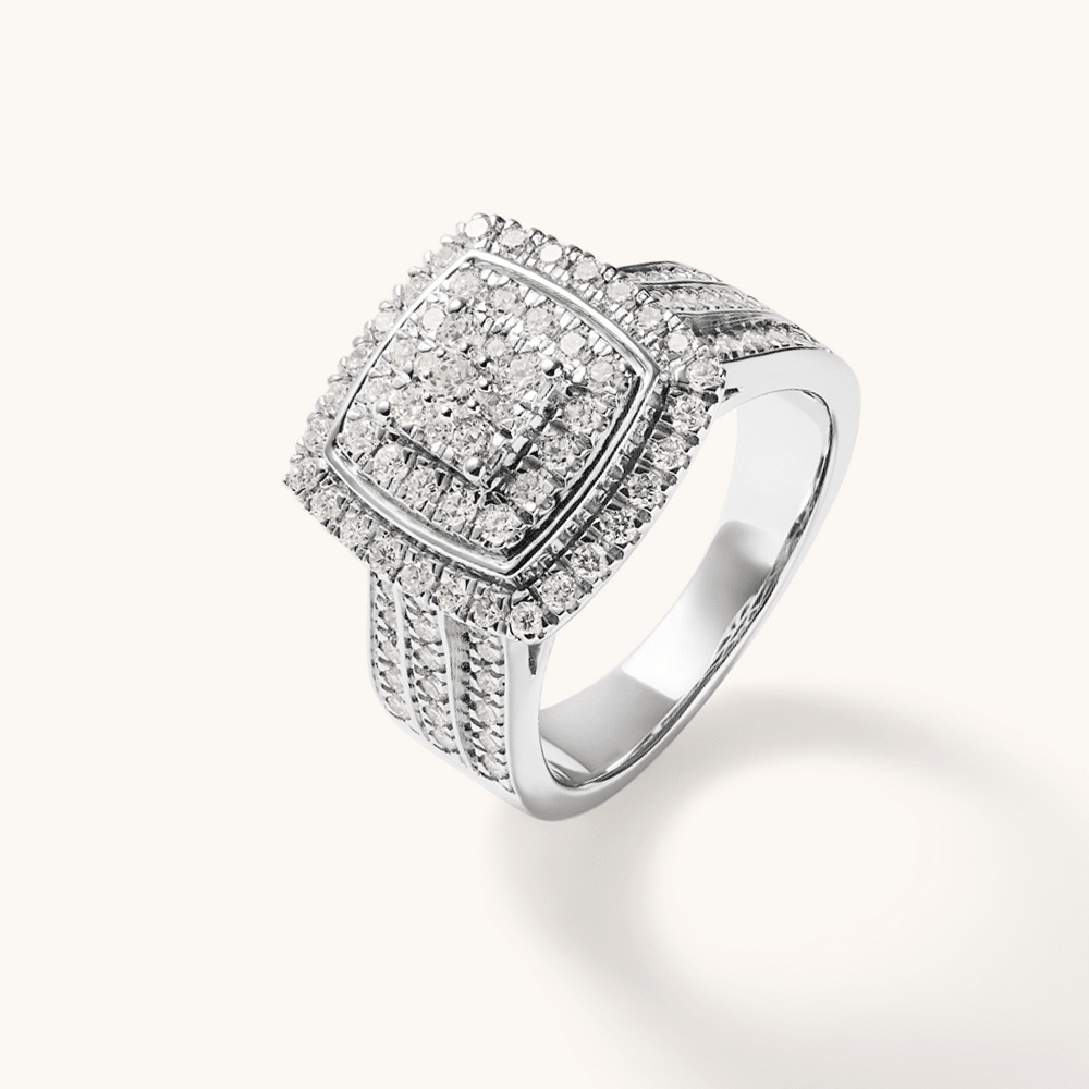 Cushion Shaped Cluster Halo Ring with 1.00tw of Laboratory-Grown Diamonds in Sterling Silver and Platinum Rings Bevilles 