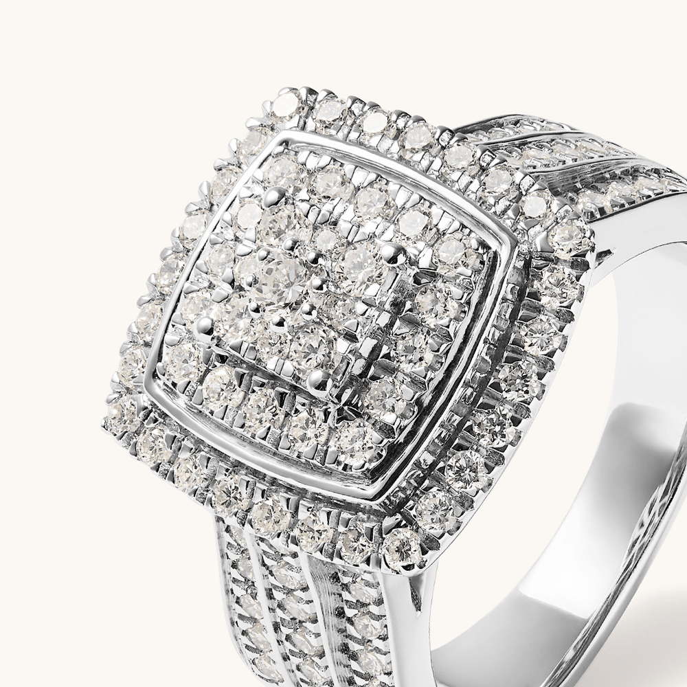 Cushion Shaped Cluster Halo Ring with 1.00tw of Laboratory-Grown Diamonds in Sterling Silver and Platinum Rings Bevilles 