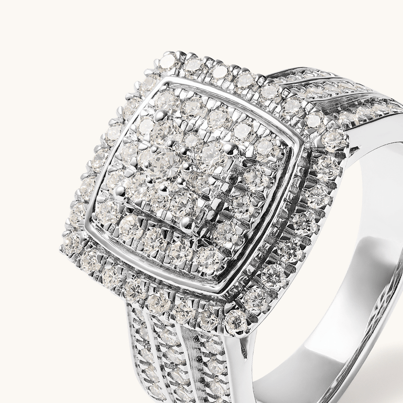 Cushion Shaped Cluster Halo Ring with 1.00tw of Laboratory-Grown Diamonds in Sterling Silver and Platinum Rings Bevilles 