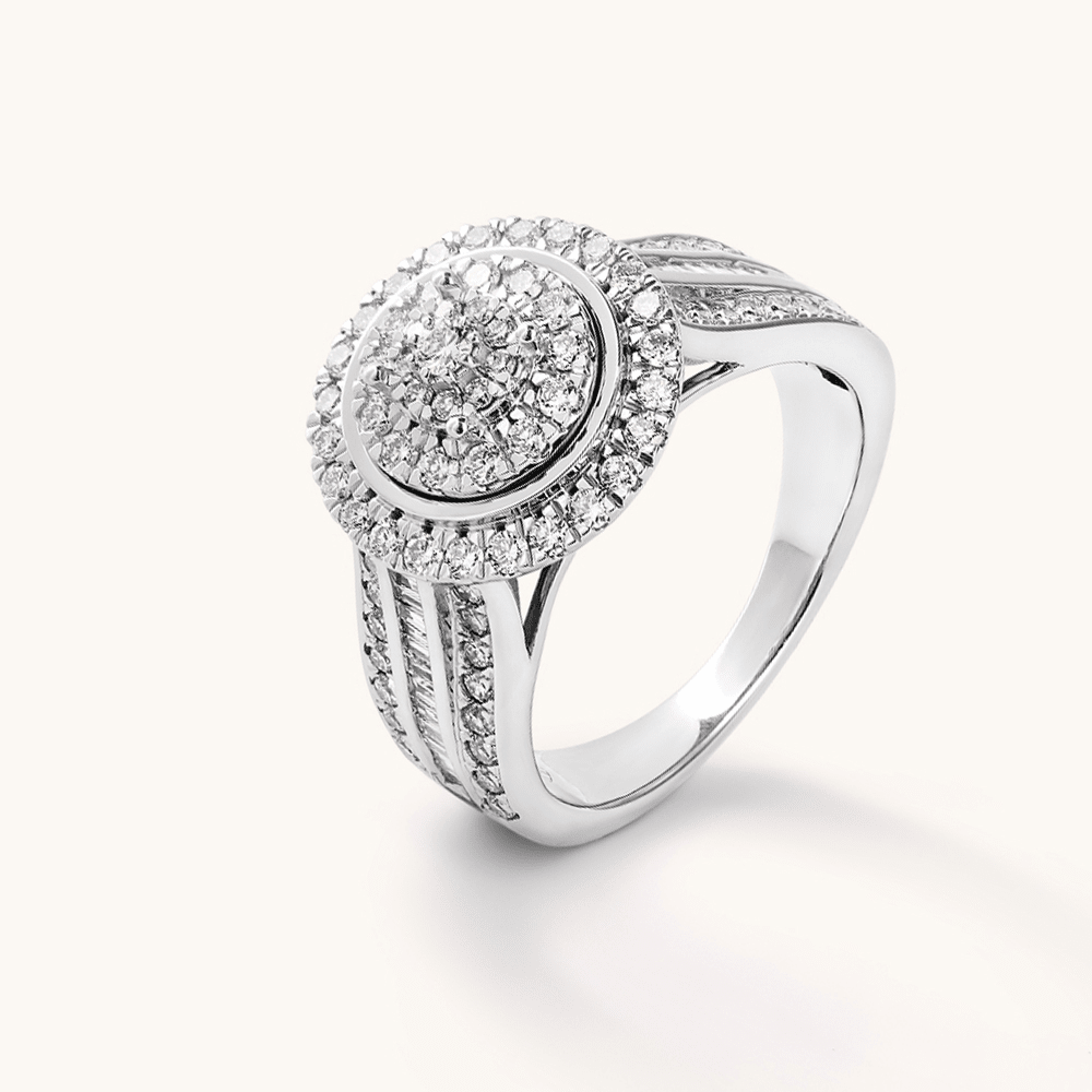 Round Shaped Halo Ring with 1.00tw of Laboratory-Grown Diamonds in Sterling Silver and Platinum Rings Bevilles 