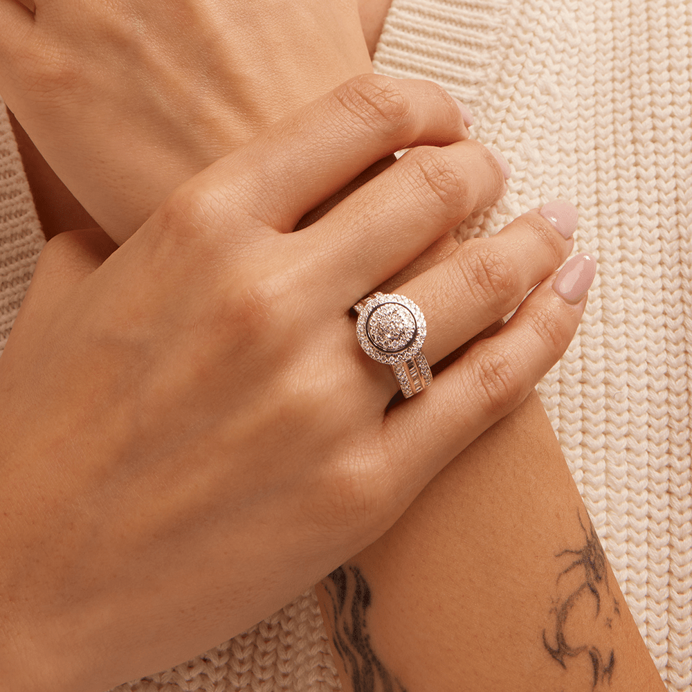 Round Shaped Halo Ring with 1.00tw of Laboratory-Grown Diamonds in Sterling Silver and Platinum Rings Bevilles 