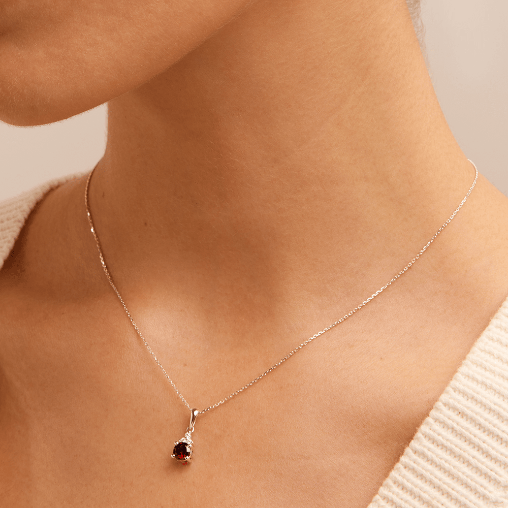 Birthstone Teardrop Pendant Necklace with Natural Red Garnet and 0.05tw of Laboratory-Grown Diamonds in Sterling Silver and Platinum Pendants Bevilles 