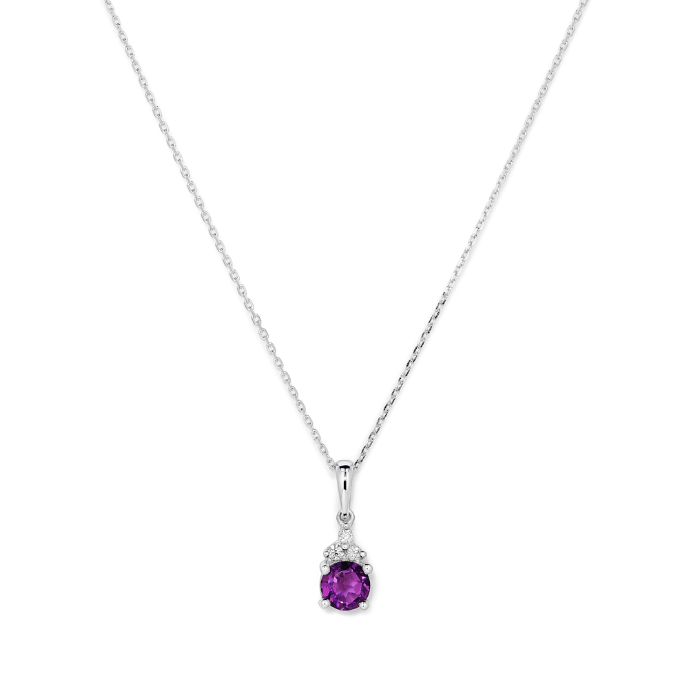 Birthstone Teardrop Pendant Necklace with Natural Amethyst and 0.05tw of Laboratory-Grown Diamonds in Sterling Silver and Platinum Pendants Bevilles 