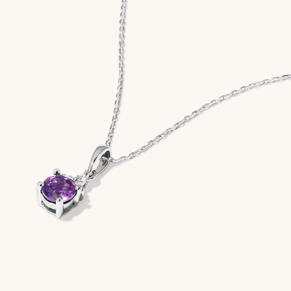 Birthstone Teardrop Pendant Necklace with Natural Amethyst and 0.05tw of Laboratory-Grown Diamonds in Sterling Silver and Platinum Pendants Bevilles 