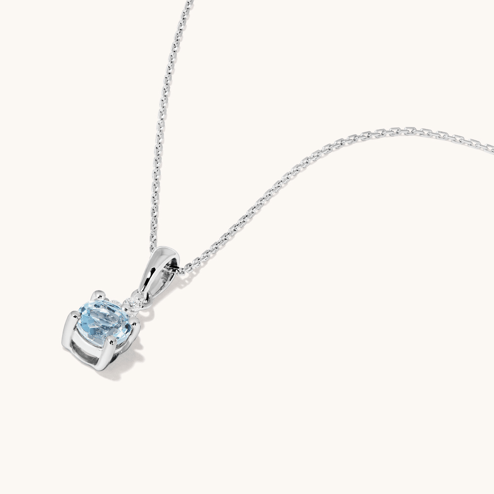 Birthstone Teardrop Pendant Necklace with Created Aquamarine and 0.05tw of Laboratory-Grown Diamonds in Sterling Silver and Platinum Pendants Bevilles 