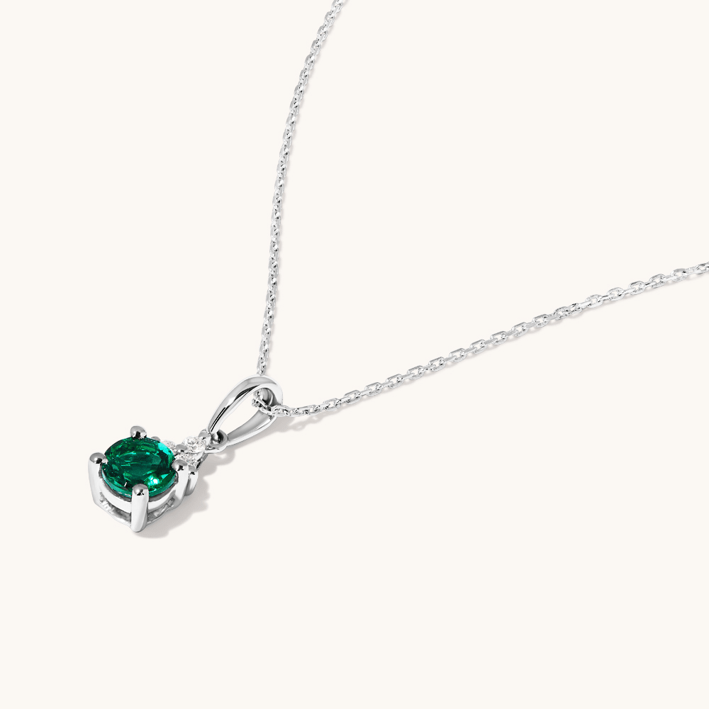 Birthstone Teardrop Pendant Necklace with Created Emerald and 0.05tw of Laboratory-Grown Diamonds in Sterling Silver and Platinum Pendants Bevilles 