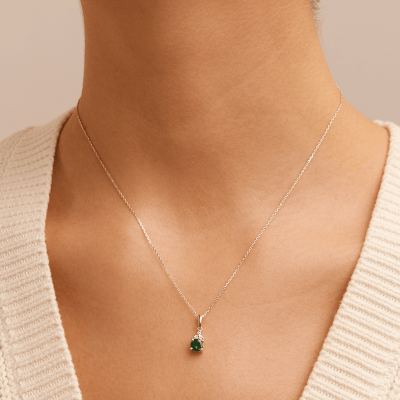 Birthstone Teardrop Pendant Necklace with Created Emerald and 0.05tw of Laboratory-Grown Diamonds in Sterling Silver and Platinum Pendants Bevilles 