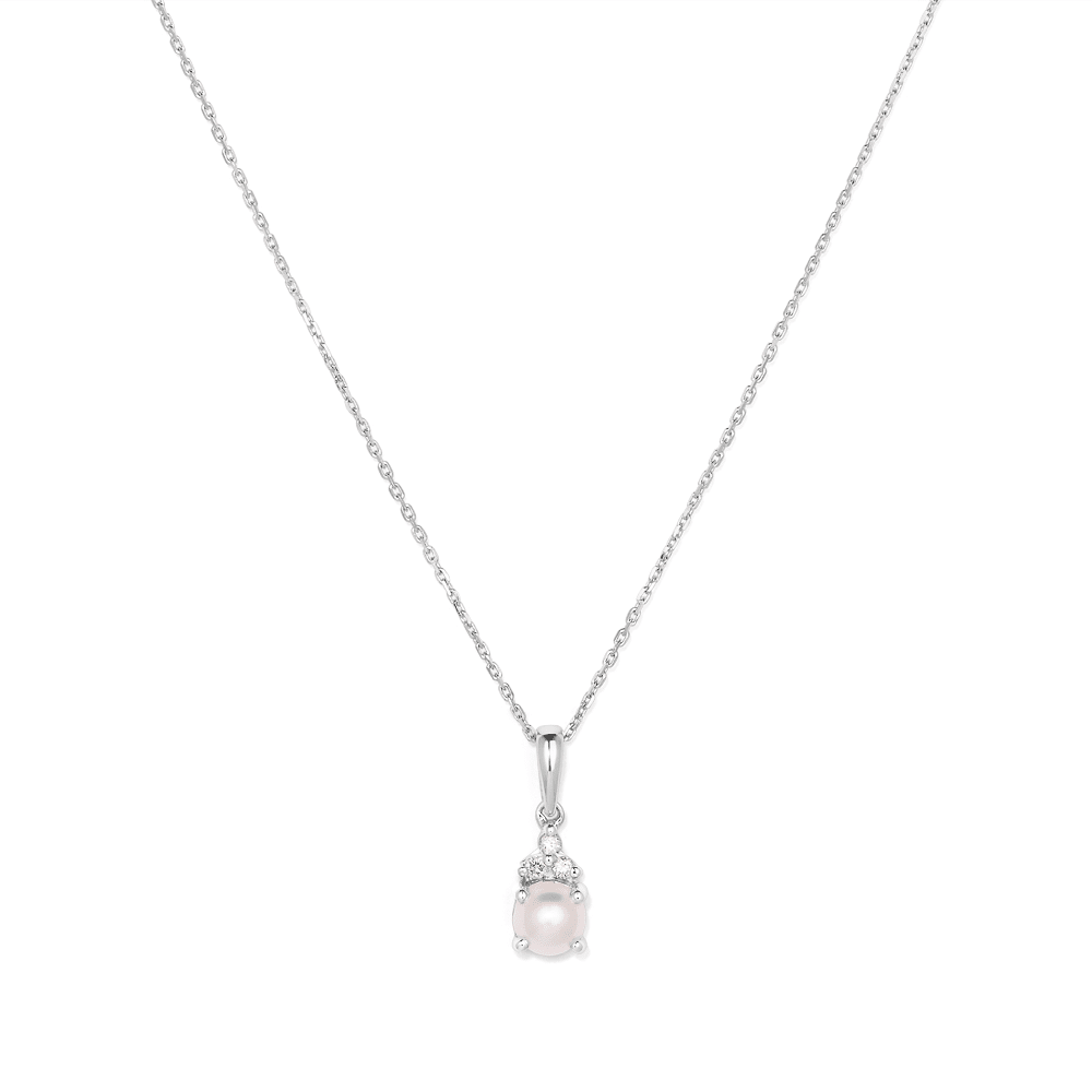 Birthstone Teardrop Pendant Necklace with Freshwater Pearl and 0.05tw of Laboratory-Grown Diamonds in Sterling Silver and Platinum Pendants Bevilles 