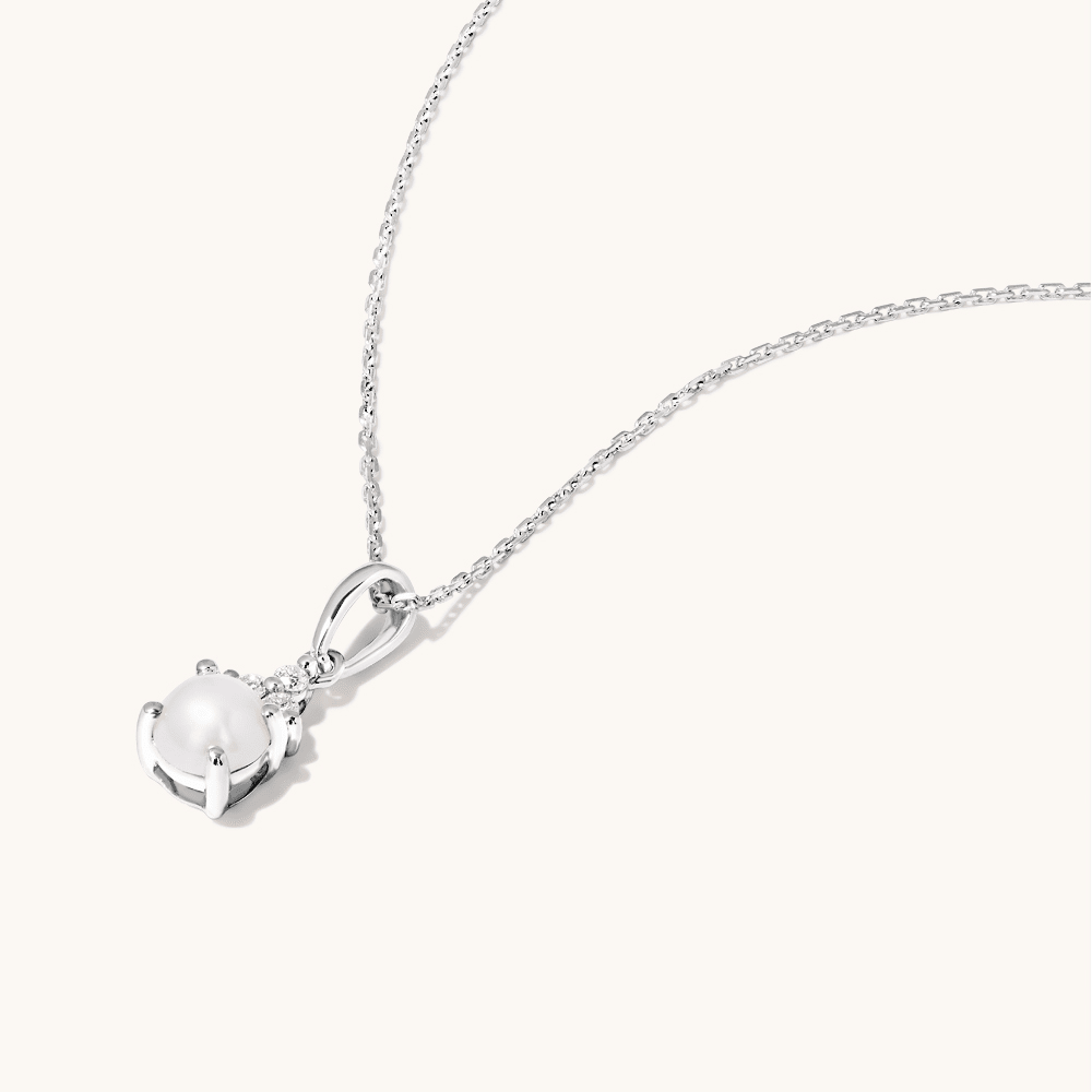 Birthstone Teardrop Pendant Necklace with Cultured Freshwater Pearl and 0.05tw of Laboratory-Grown Diamonds in Sterling Silver and Platinum Pendants Bevilles 