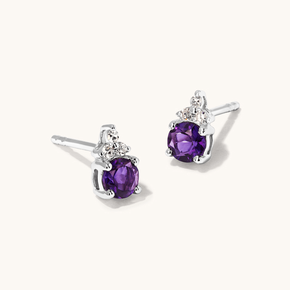 Birthstone Teardrop Stud Earrings with Natural Amethyst and 0.05tw of Laboratory-Grown Diamonds in Sterling Silver and Platinum Earrings Bevilles 