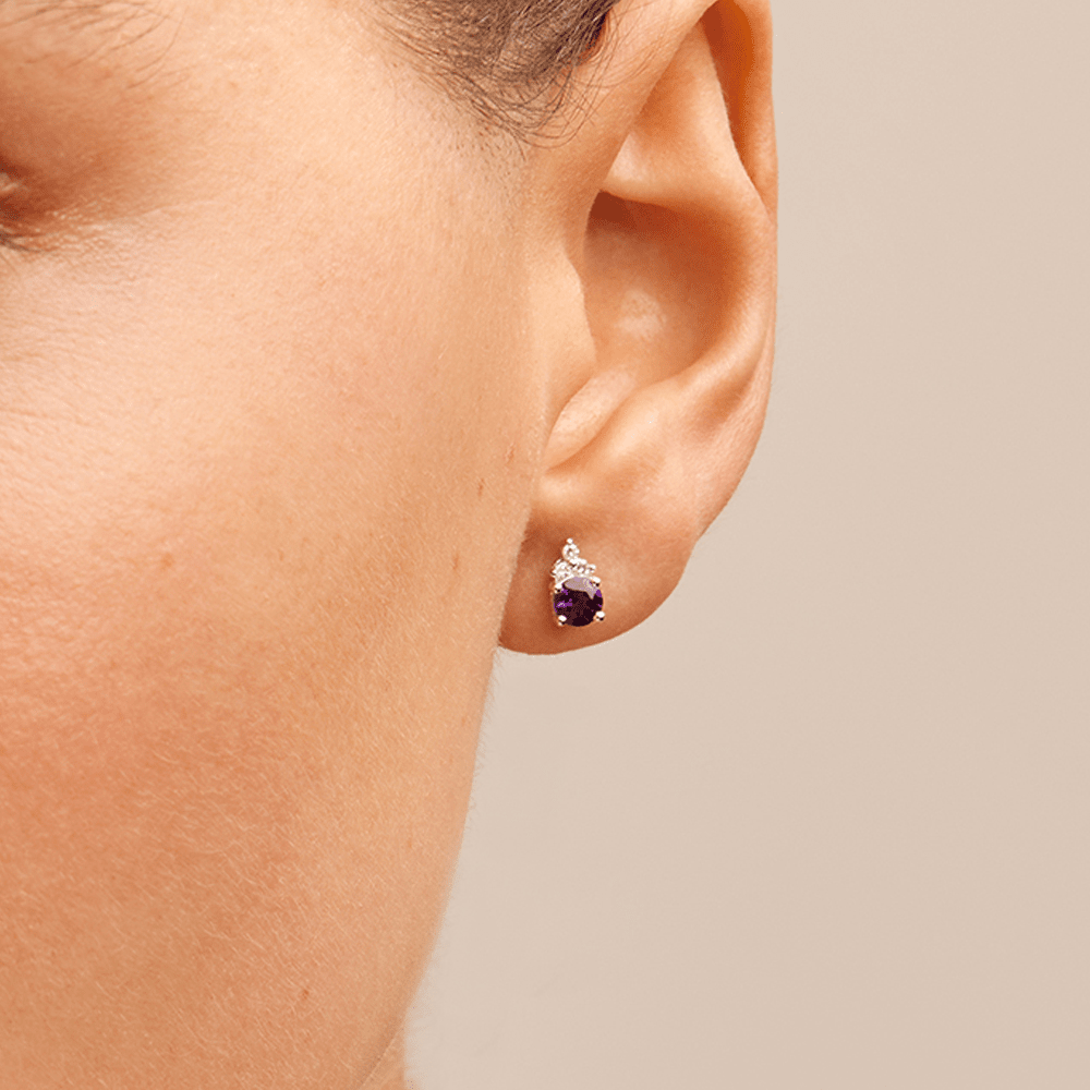 Birthstone Teardrop Stud Earrings with Natural Amethyst and 0.05tw of Laboratory-Grown Diamonds in Sterling Silver and Platinum Earrings Bevilles 