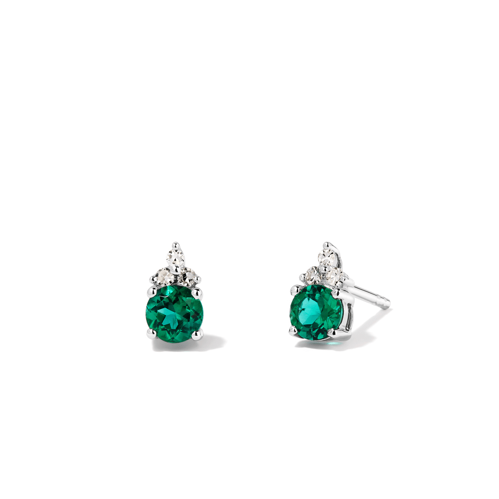 Birthstone Teardrop Stud Earrings with Created Emerald and 0.05tw of Laboratory-Grown Diamonds in Sterling Silver and Platinum Earrings Bevilles 