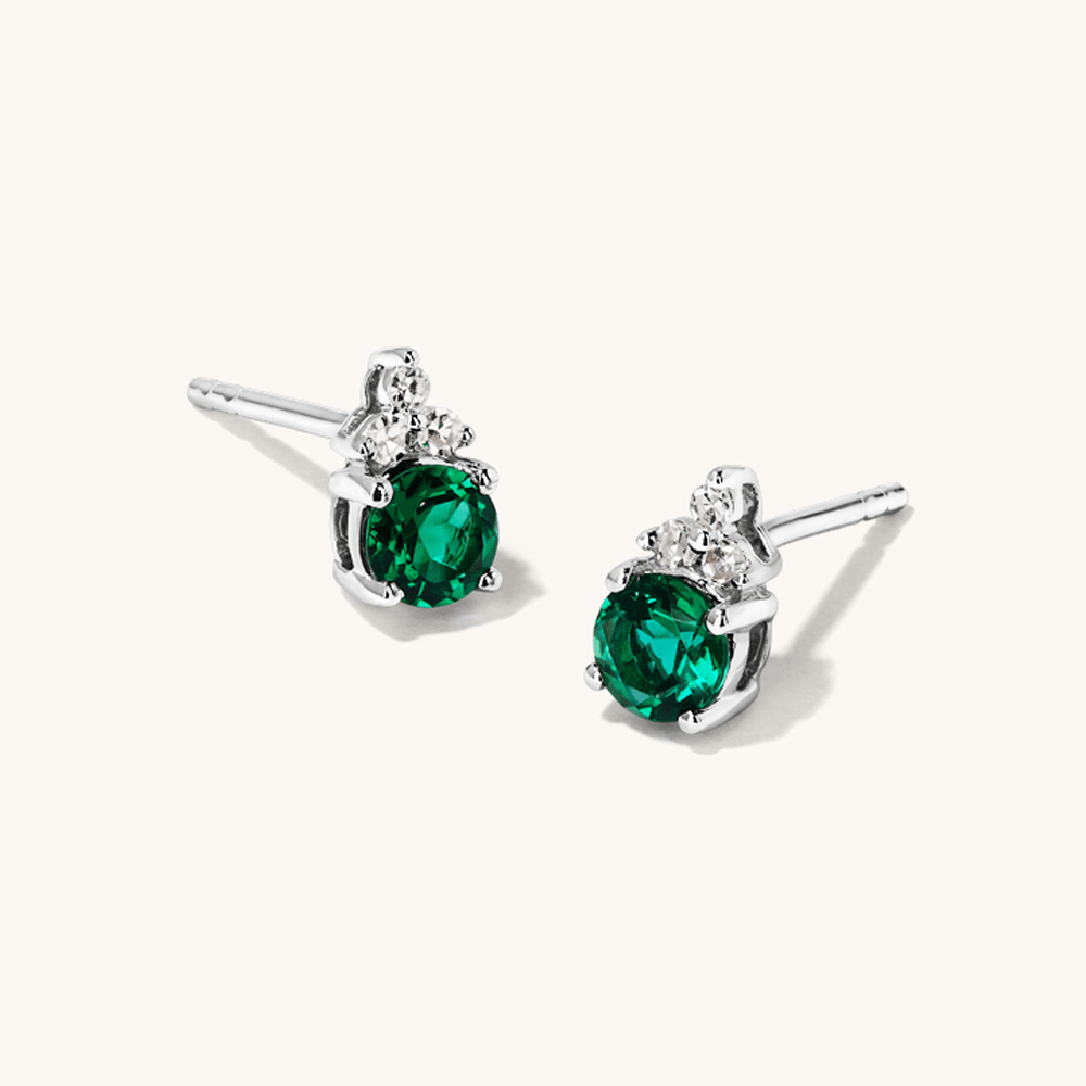 Birthstone Teardrop Stud Earrings with Created Emerald and 0.05tw of Laboratory-Grown Diamonds in Sterling Silver and Platinum Earrings Bevilles 