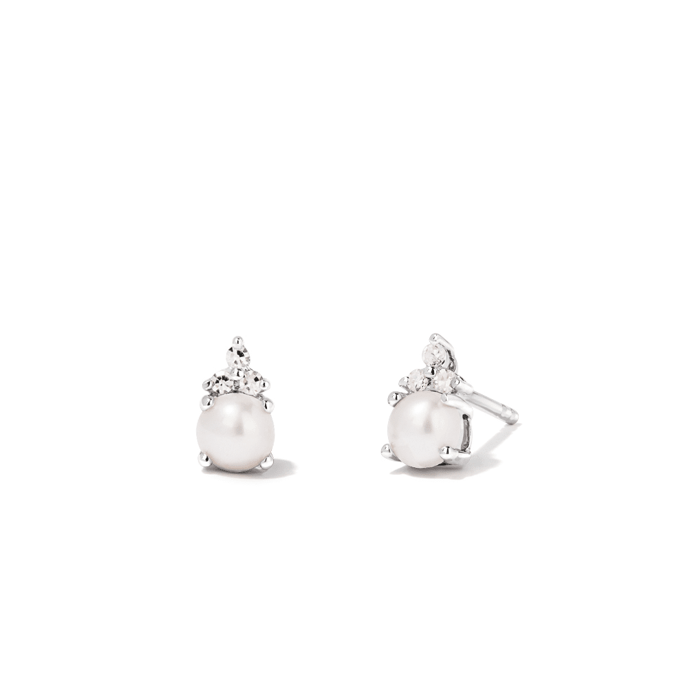 Birthstone Teardrop Stud Earrings with Freshwater Pearl and 0.05tw of Laboratory-Grown Diamonds in Sterling Silver and Platinum Earrings Bevilles 