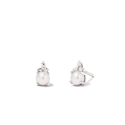 Birthstone Teardrop Stud Earrings with Cultured Freshwater Pearl and 0.05tw of Laboratory-Grown Diamonds in Sterling Silver and Platinum Earrings Bevilles 
