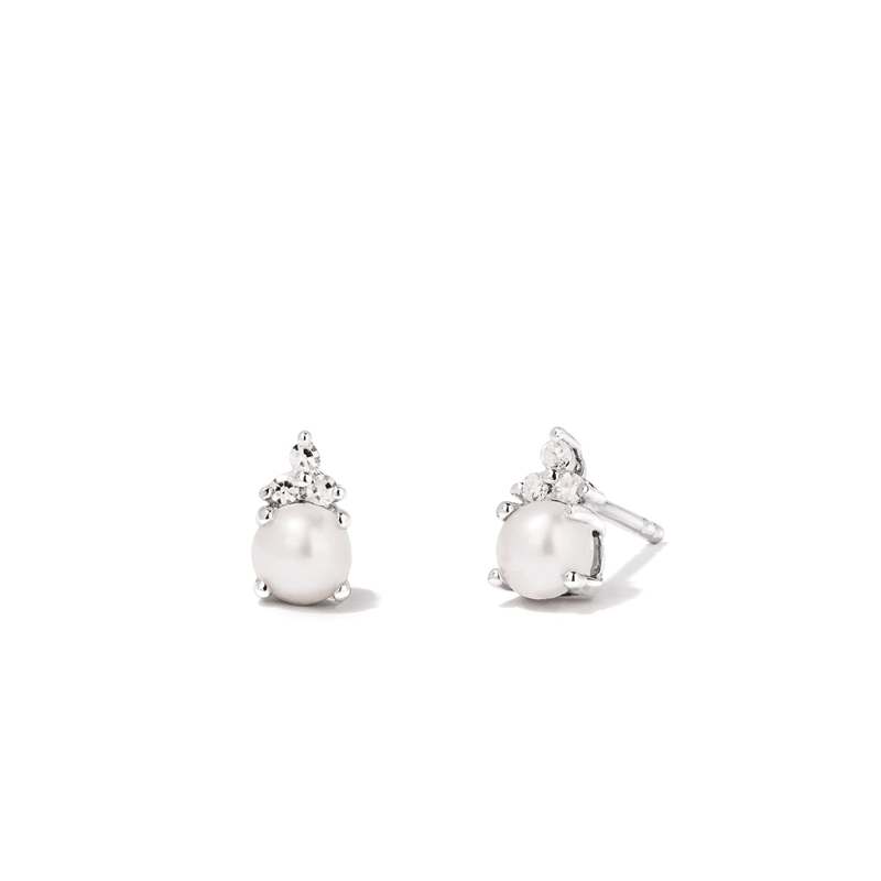 Birthstone Teardrop Stud Earrings with Freshwater Pearl and 0.05tw of Laboratory-Grown Diamonds in Sterling Silver and Platinum Earrings Bevilles 