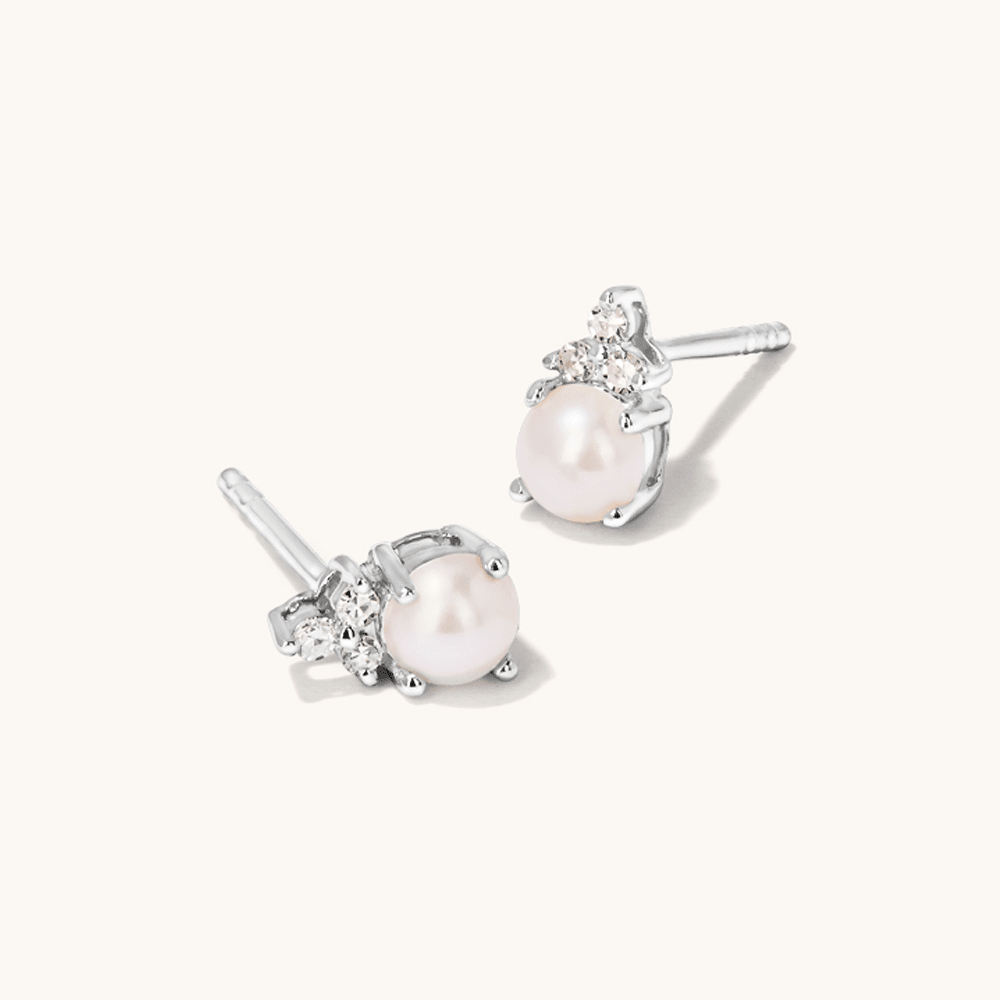 Birthstone Teardrop Stud Earrings with Cultured Freshwater Pearl and 0.05tw of Laboratory-Grown Diamonds in Sterling Silver and Platinum Earrings Bevilles 