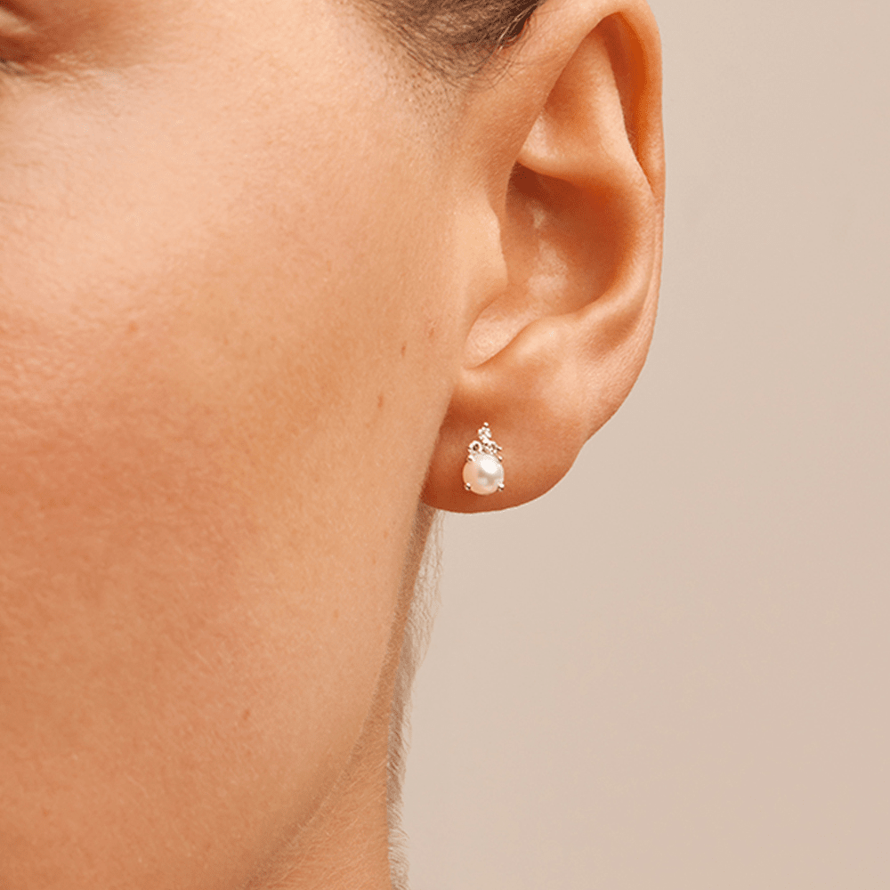 Birthstone Teardrop Stud Earrings with Freshwater Pearl and 0.05tw of Laboratory-Grown Diamonds in Sterling Silver and Platinum Earrings Bevilles 