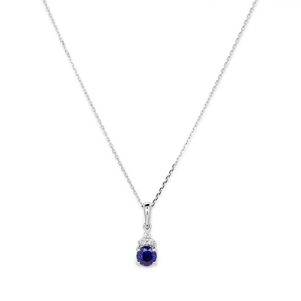 Birthstone Teardrop Pendant Necklace with Created Sapphire and 0.05tw of Laboratory-Grown Diamonds in Sterling Silver and Platinum Pendants Bevilles 