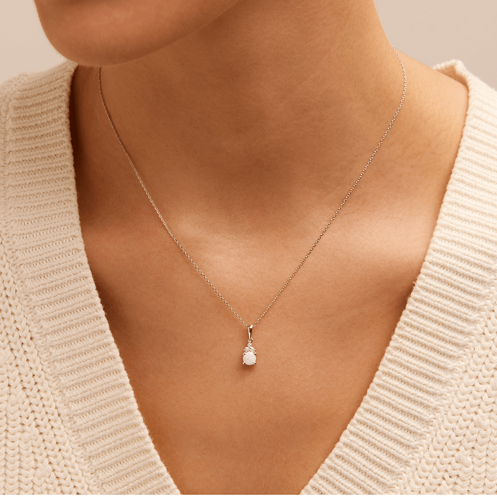 Birthstone Teardrop Pendant Necklace with Created Opal and 0.05tw of Laboratory-Grown Diamonds in Sterling Silver and Platinum Pendants Bevilles 