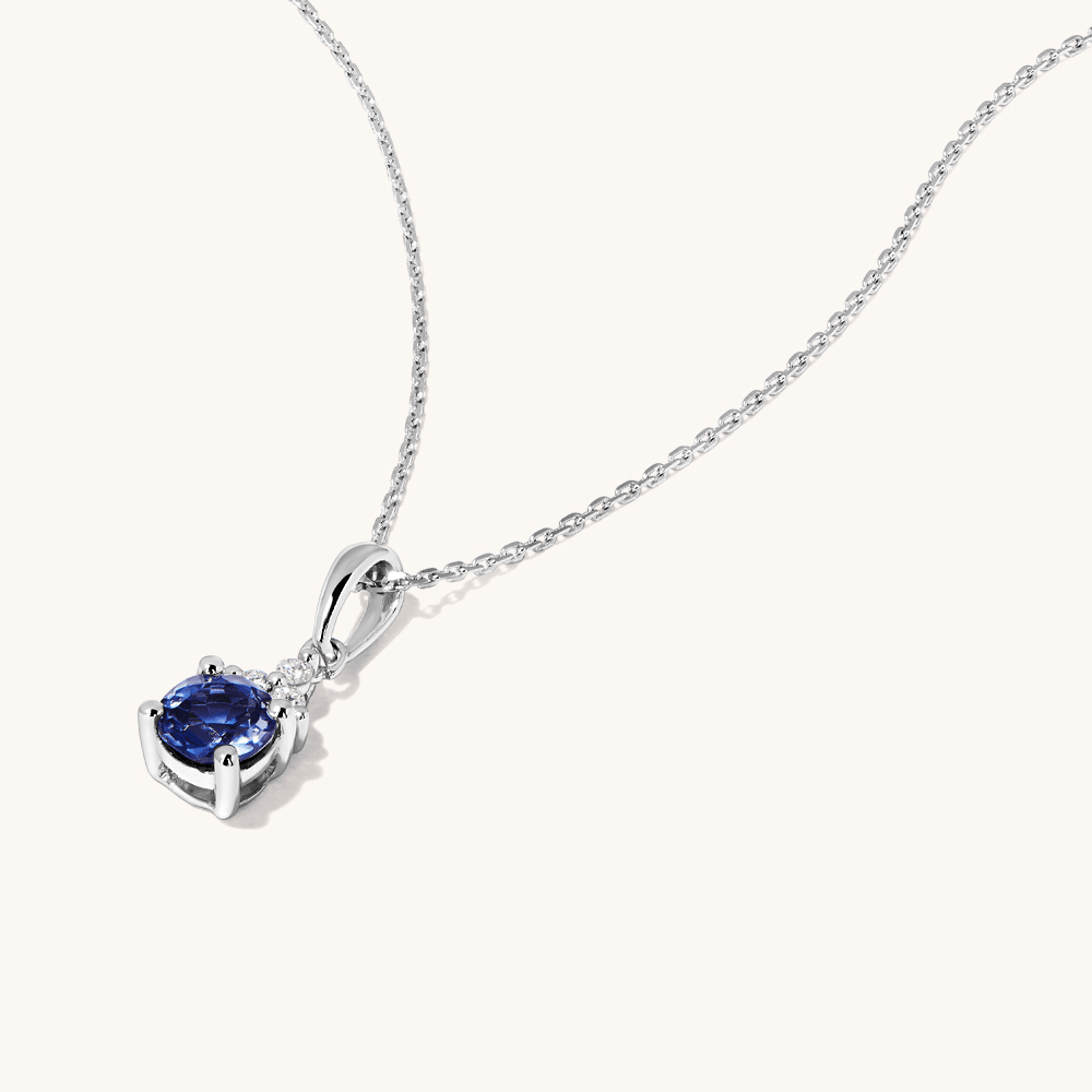 Birthstone Teardrop Pendant Necklace with Created Tanzanite and 0.05tw of Laboratory-Grown Diamonds in Sterling Silver and Platinum Pendants Bevilles 