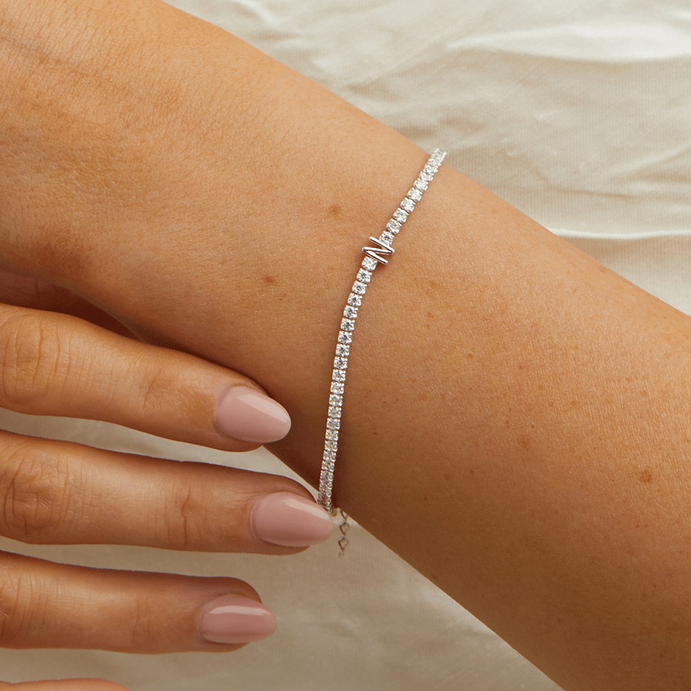 20cm Initial N Cubic Zirconia Tennis Bracelet in Sterling Silver Bracelets Bevilles 