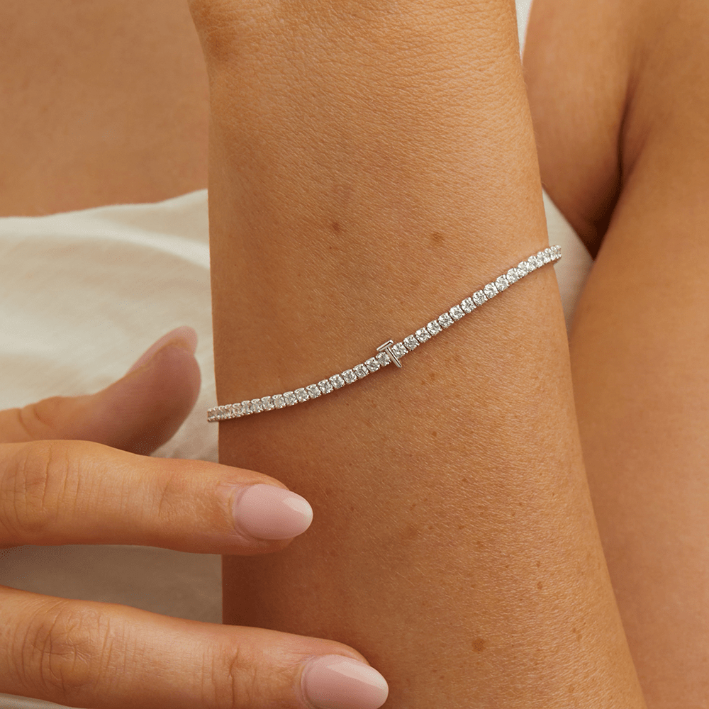20cm Initial T Cubic Zirconia Tennis Bracelet in Sterling Silver Bracelets Bevilles 