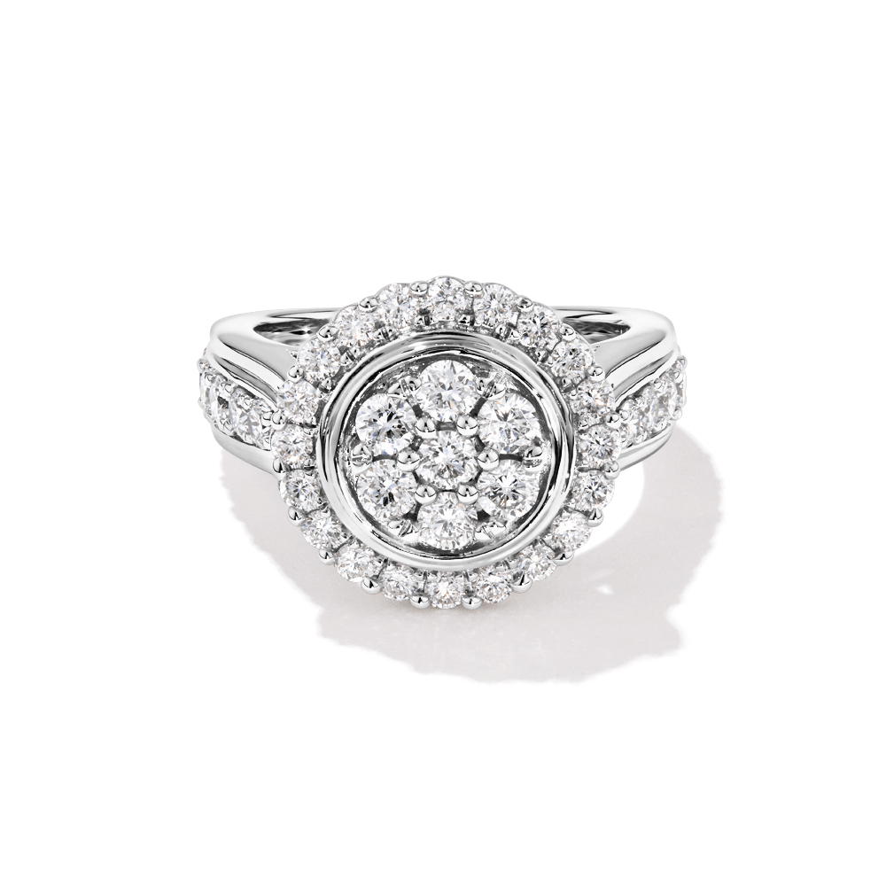Cluster Halo Ring with 1.50tw of Laboratory-Grown Diamonds in Sterling Silver and Platinum Rings Bevilles 