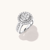 Cluster Halo Ring with 1.50tw of Laboratory-Grown Diamonds in Sterling Silver and Platinum Rings Bevilles 