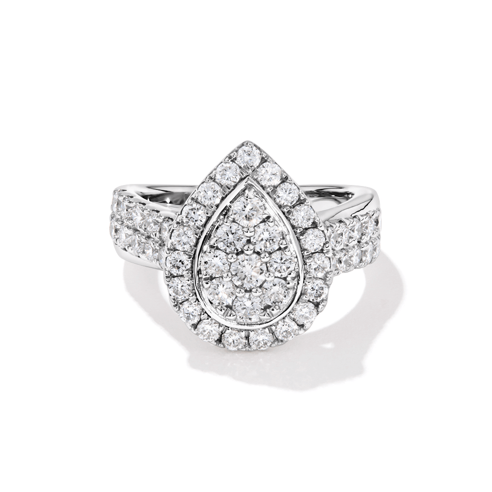 Pear Shaped Cluster Halo Ring with 1.50tw of Laboratory-Grown Diamonds in Sterling Silver and Platinum Rings Bevilles 