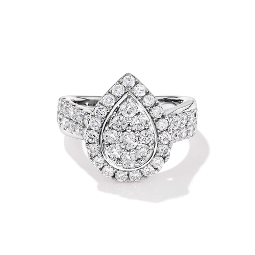 Pear Shaped Cluster Halo Ring with 1.50tw of Laboratory-Grown Diamonds in Sterling Silver and Platinum Rings Bevilles 