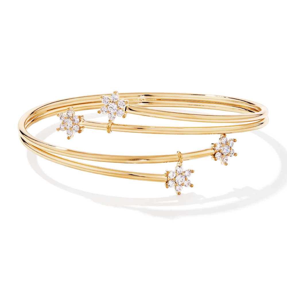 60mm Cubic Zirconia Flower Torque Bangle in 9kt Bonded Gold Silver Filled Bangles Bevilles 