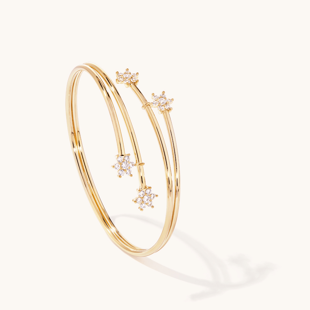 60mm Cubic Zirconia Flower Torque Bangle in 9kt Bonded Gold Silver Filled Bangles Bevilles 